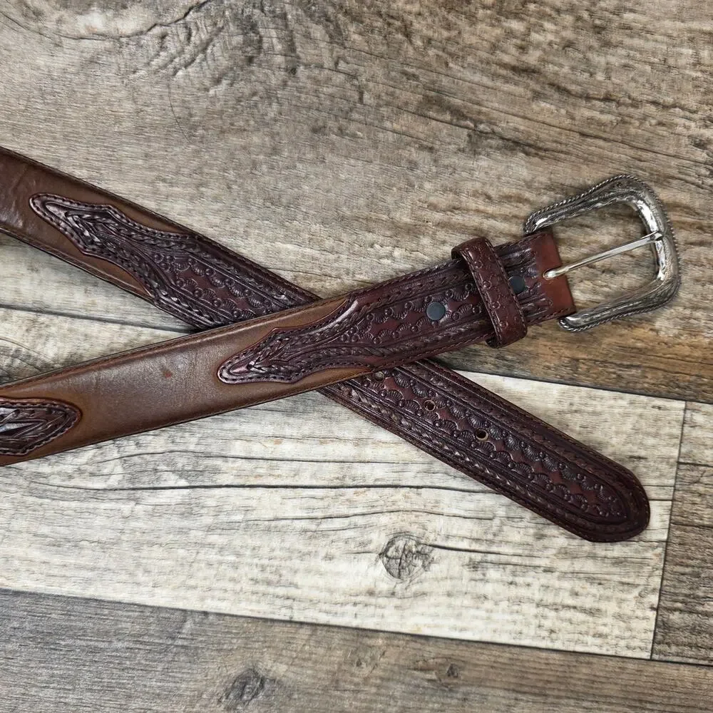 Vintage 90s Justin Tooled Leather Western Belt Brown Size 40 Cowboy Redeo